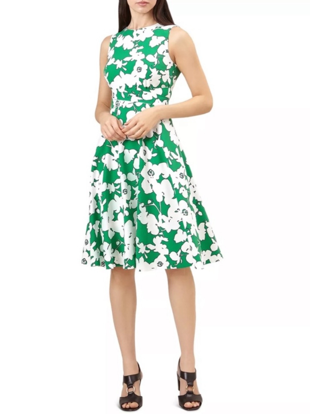 HOBBS‎ LONDON Evie Floral Print Fit-and-Flare Dress Green Size 6 mini tie sash